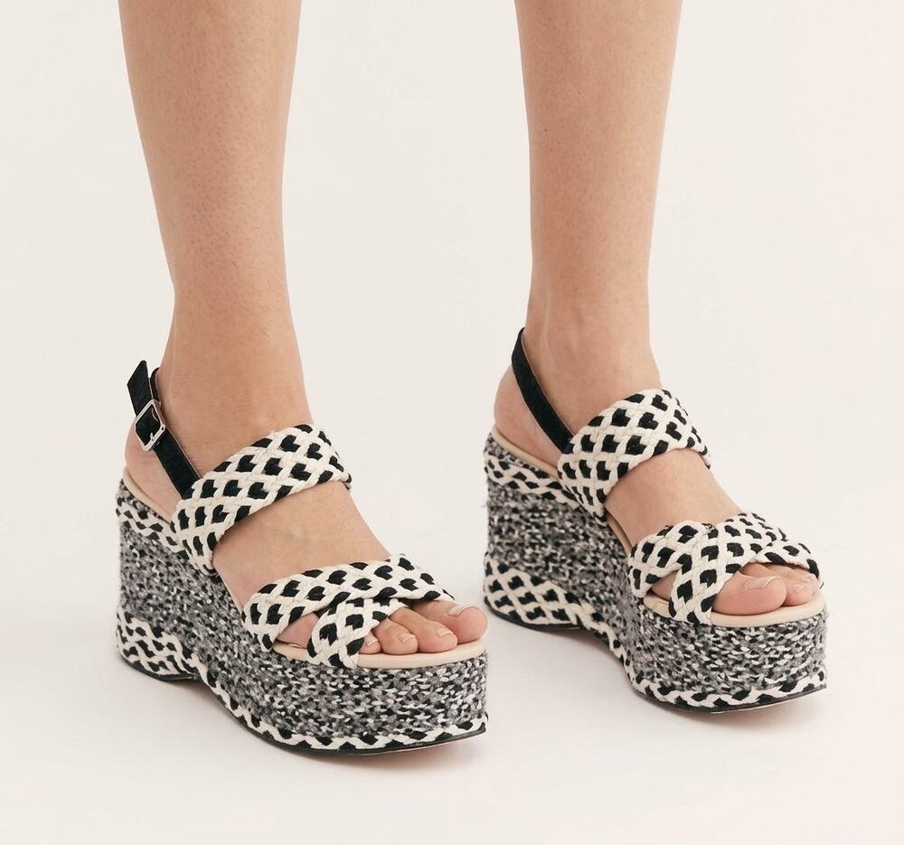 Free People Black White Woven Braided Platform Espadrille Wedge Sandals EU 38